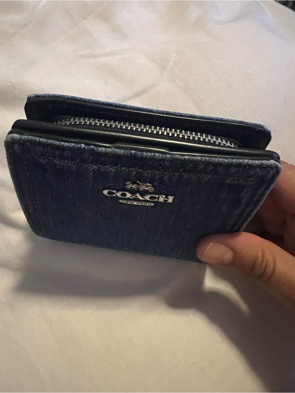 Coach Dark Blue Denim Zip Wallet with Silver Logo - Picture 3 of 6